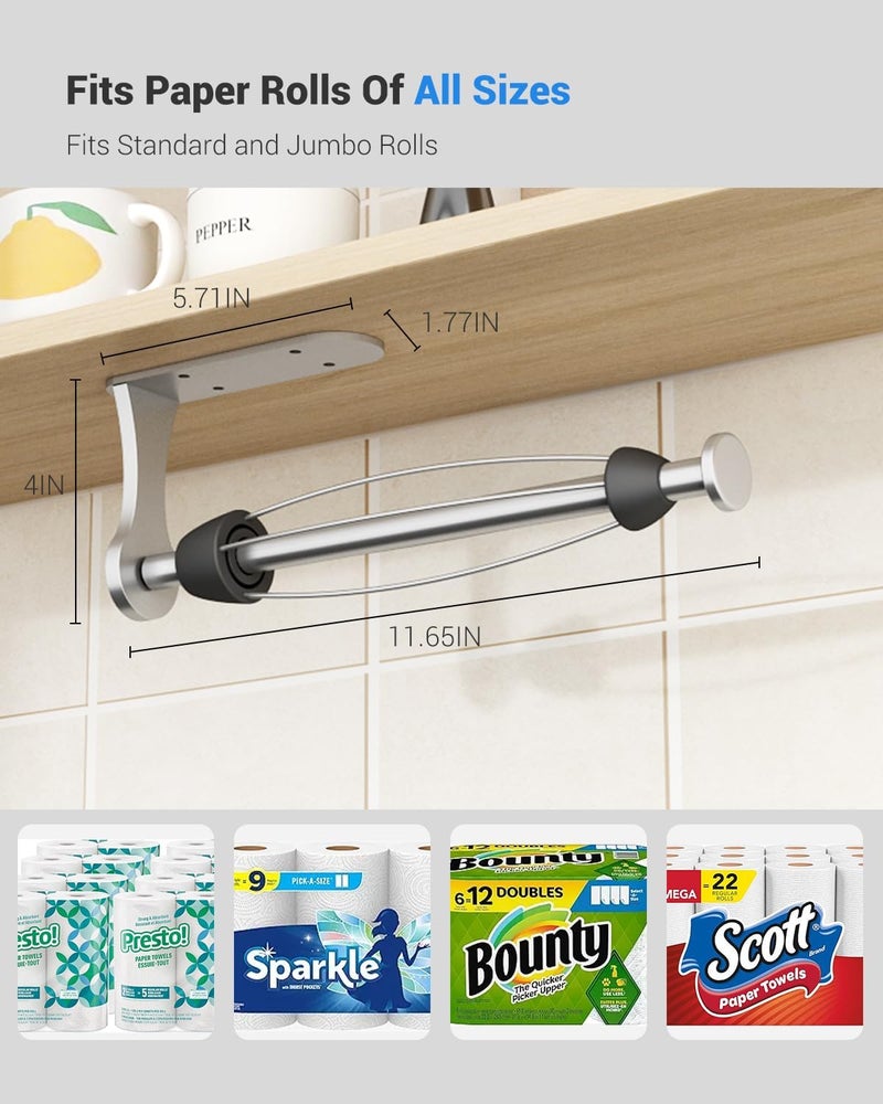 Swaitee Paper Towel Holder Under Cabinet, One-Handed Tear, Wall Mount, Adhesive, Silver, Paper Roll Holder with Ratchet Mechanism for Kitchen Bathroom Farmhouse Essentials Decor Accessories - Image 4